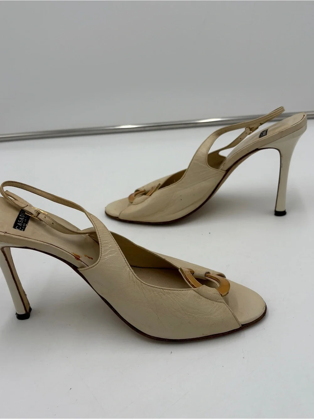 Casadei Off White Cream Leather Heels Pumps Slingback Peep Toe Gold Circle Sz 9